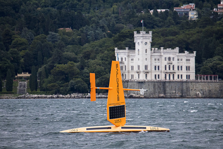 SD 1053 and Miramare Castle in Trieste, Italy. The two ATL2MED saildrones sailed several laps around the Miramare ocean station, which is just 600 meters (1,968 feet) offshore from the castle. Courtesy Istituto Nazionale di Oceanografia e Geofisica Sperimentale – OGS.